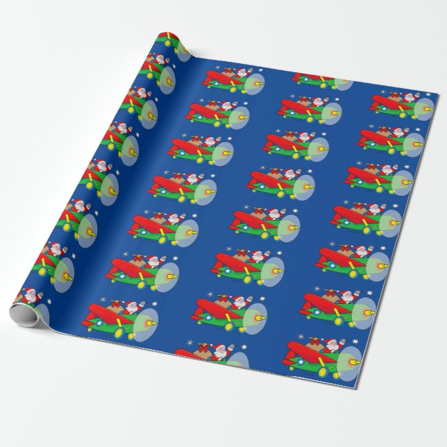 Santa Claus Flying an Airplane filled with Gifts W Wrapping Paper (Unrolled)