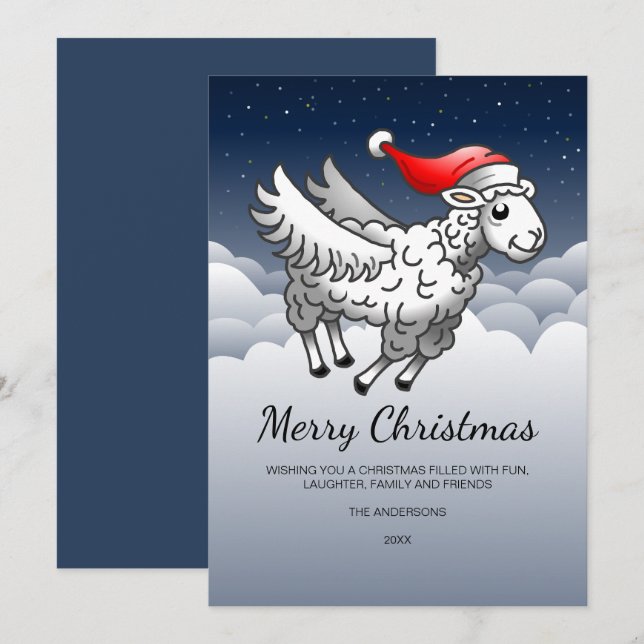 Santa Claus Flying Christmas Sheep Holiday Card (Front/Back)