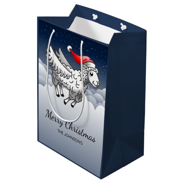 Santa Claus Flying Christmas Sheep Medium Gift Bag (Back Angled)