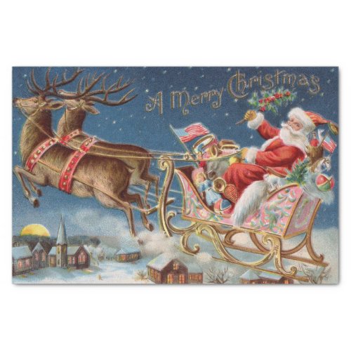 Santa Claus Flying Over a Town Pink Gold Sleigh Tissue Paper