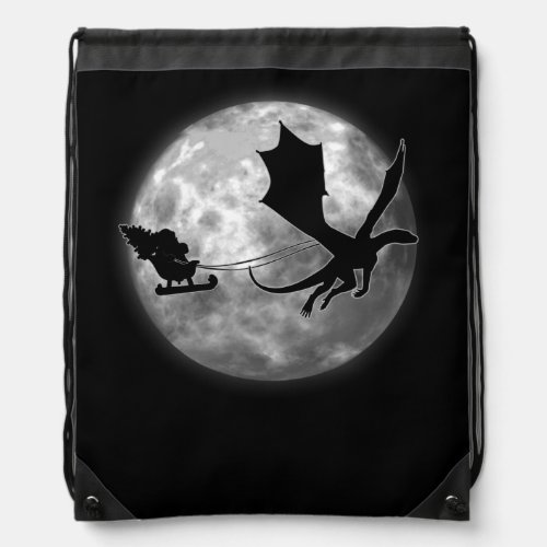Santa Claus Flying past the Moon With Dragon Drawstring Bag