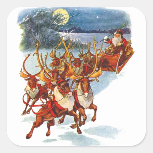Santa Claus Flying With His Reindeer Guided Sleigh Square Sticker