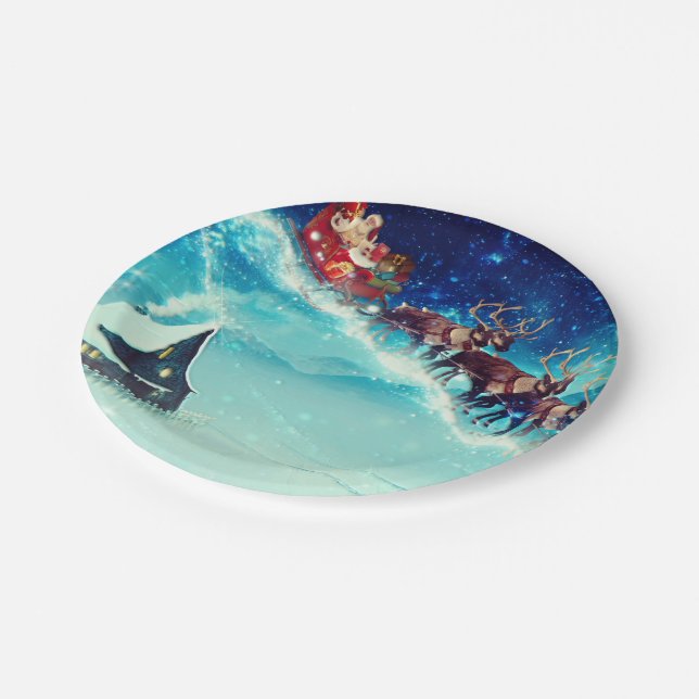 Santa Claus Flying with Reindeer Paper Plates (Angled)