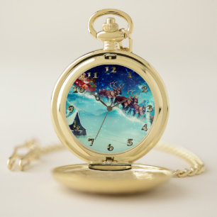 Santa Claus Flying with Reindeer Pocket Watch