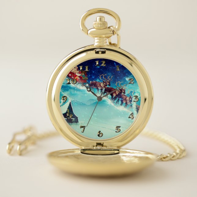 Santa Claus Flying with Reindeer Pocket Watch (Inside)