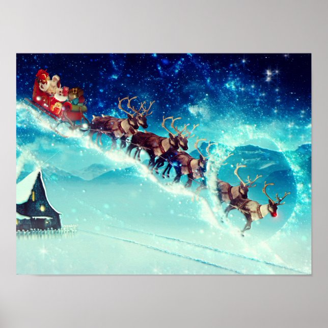 Santa Claus Flying with Reindeer Poster (Front)