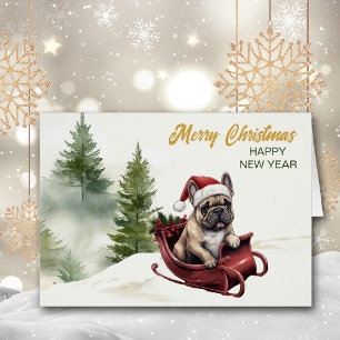 Santa Claus French Bulldog on Sled Christmas Cards