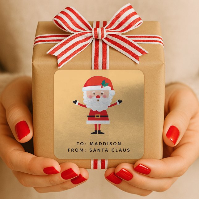 Santa Claus Gift Label | Gold Christmas Sticker (Kids gold gift labels from Santa personalized with your child's name)