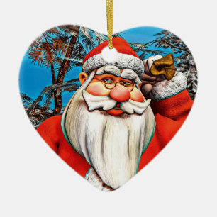 Santa Claus Gift Sack Snowy Forest Art Ceramic Ornament