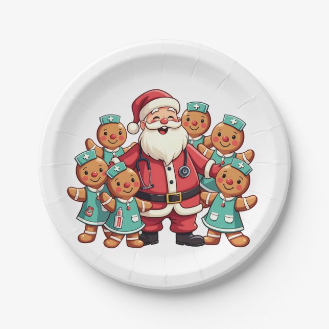 Santa Claus Gingerbread Nursing Squad Paper Plates (Front)