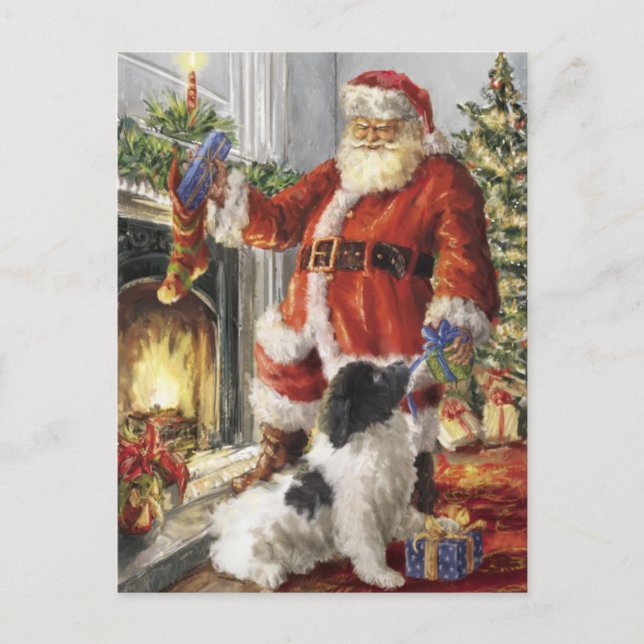 Santa Claus Giving Gift To Dog Holiday Postcard (Front)