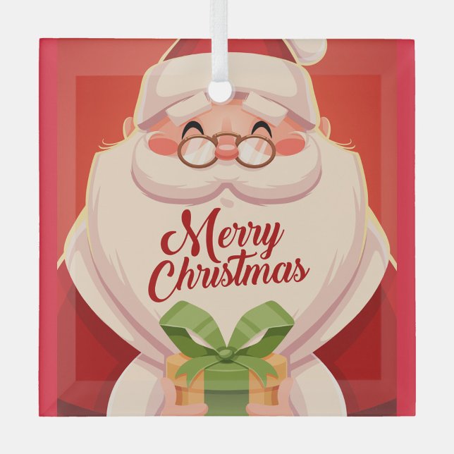 Santa Claus  Glass Ornament (Illustration of Santa Claus holding a gift with a green bow, set against a red background. )