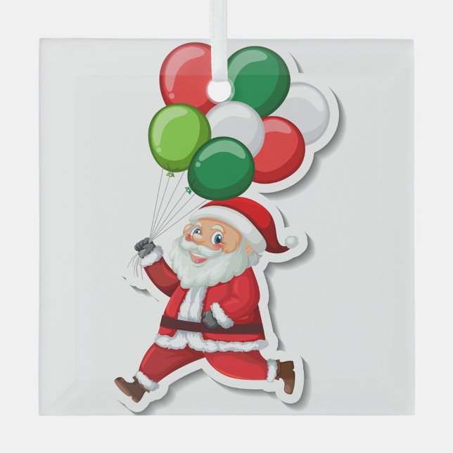 Santa Claus  Glass Ornament (Illustration of a cartoon Santa Claus running with a bunch of balloons.)