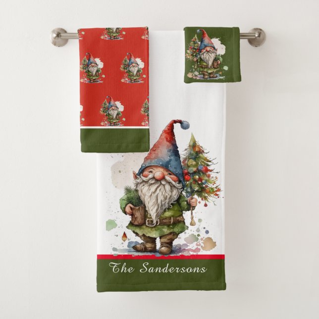 Santa Claus Gnome Christmas Red Green White        Bath Towel Set (Insitu)