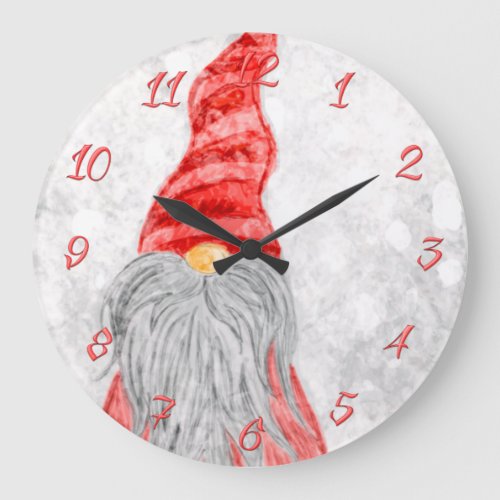 Santa Claus Gnome on Snowy Field   Large Clock