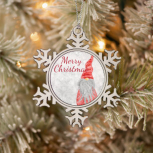Santa Claus Gnome on Snowy Field Snowflake Pewter Christmas Ornament