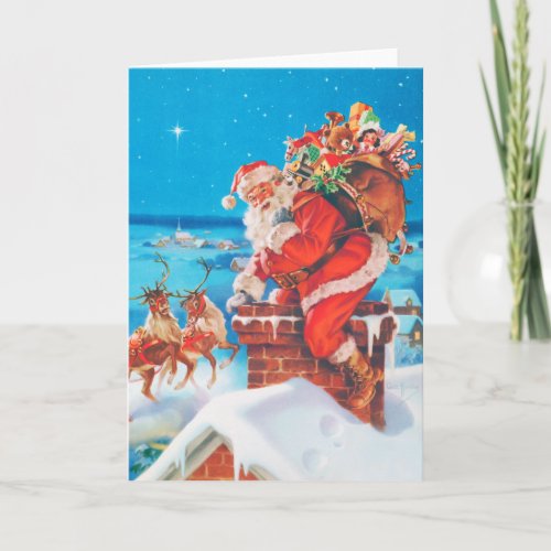 Santa Claus Going Down the Chimney Holiday Card