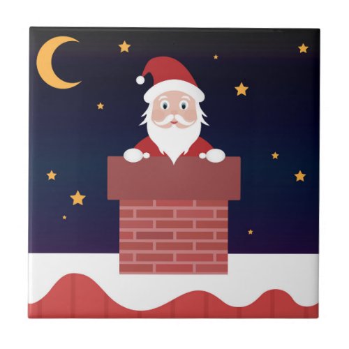 Santa Claus going down the chimney on xmas night Ceramic Tile