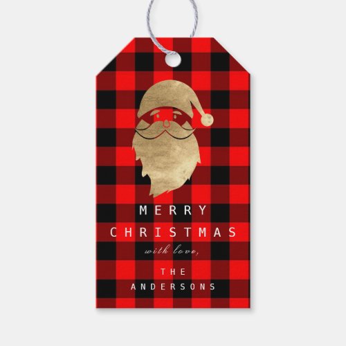 Santa Claus Gold Merry Happy HolidaysBuffalo Plaid Gift Tags