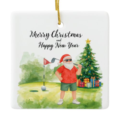 Santa Claus golfing on putting green Ceramic Ornament