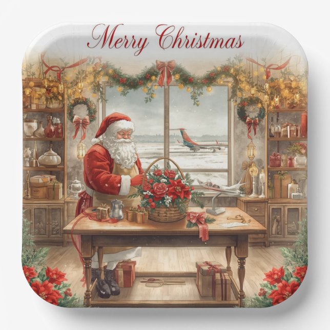 Santa Claus greeting from airport  Paper Plates (Front)