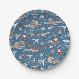 Santa Claus greeting from airport sky Christmas Paper Plates
