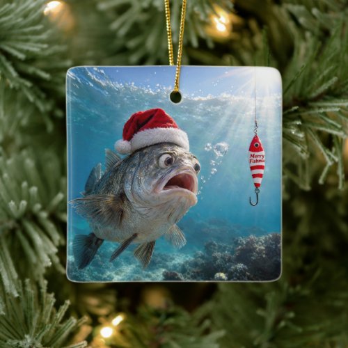 Santa Claus Hat on a Big Fish Ceramic Ornament