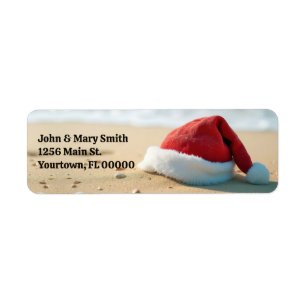 Santa Claus Hat On a Tropical Beach Label