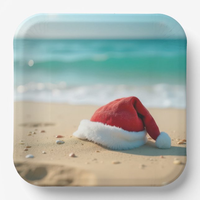 Santa Claus Hat On a Tropical Beach Paper Plates (Front)