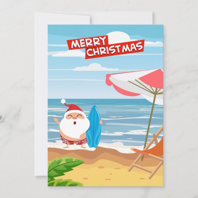 Santa Claus Hawaii Surfing Merry Christmas Holiday Card (Front)