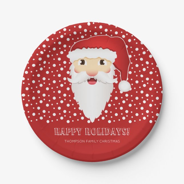 Santa Claus Head Custom Event Name Red Christmas Paper Plates (Front)