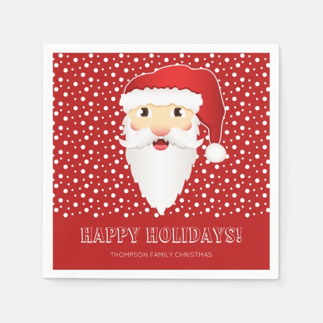 Santa Claus Head On Red & Custom Name Christmas Paper Napkins (Front)