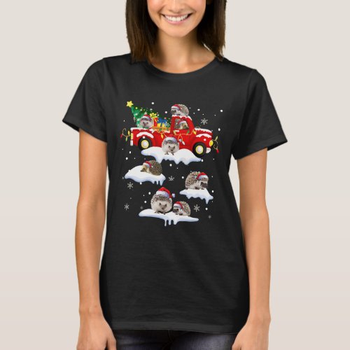 Santa Claus Hedgehogs Red Truck Xmas Tree Merry Ch T_Shirt