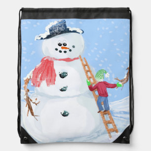 Santa Claus Helper Building A Silly Snowman Drawstring Bag