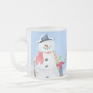 Santa Claus Helper Building A Silly Snowman Frosted Glass Coffee Mug