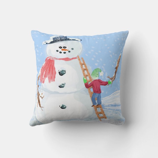 Santa Claus Helper Building A Silly Snowman Throw Pillow (Back)