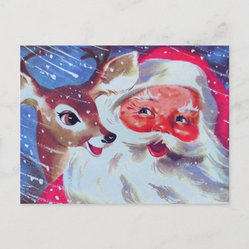Santa Claus  his Reindeer Vintage Christmas Postcard