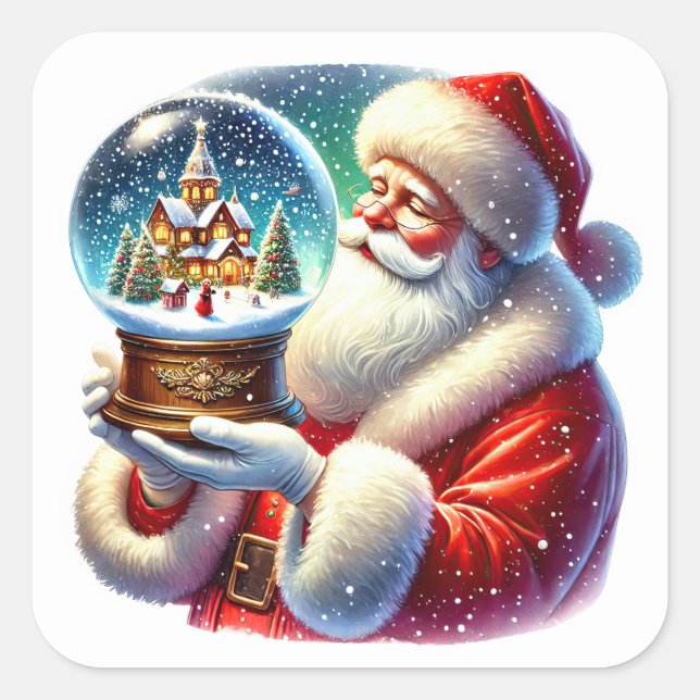 Santa Claus Holding a Festive Snow Globe in Winter Square Sticker (Front)