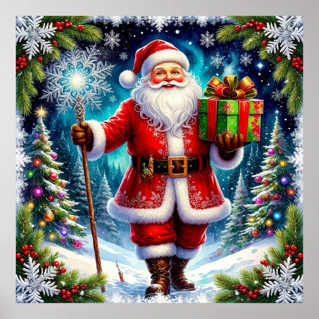 Santa Claus Holding a Gift Amid Scenic Winter Poster (Front)