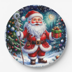 Santa Claus Holding a Gift in a Magical Christmas Paper Plates