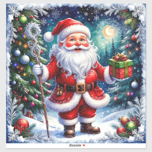 Santa Claus Holding a Gift in a Magical Christmas Sticker (Sheet)