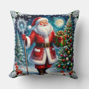 Santa Claus Holding a Gift in a Magical Christmas Throw Pillow