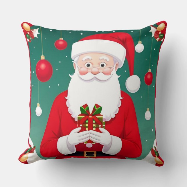 Santa Claus Holding A Gift Throw Pillow (Front)