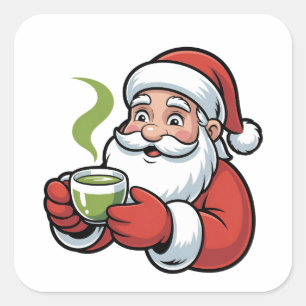 Santa Claus Holding a Matcha Drink Christmas Square Sticker