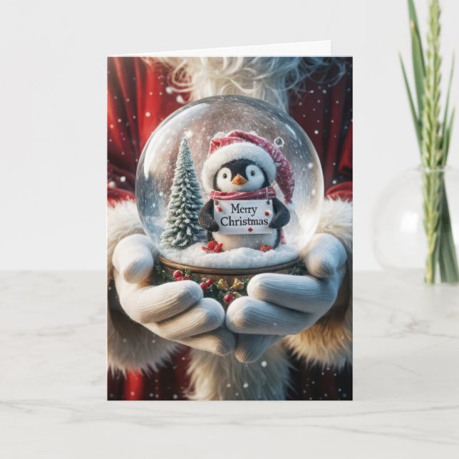 Santa Claus Holding a Penguin Snow Globe Holiday Card (Front)