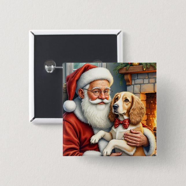 Santa Claus Holding Afghan Hound Christmas Button (Front & Back)