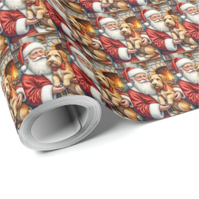 Santa Claus Holding Airedale Christmas Art Wrapping Paper