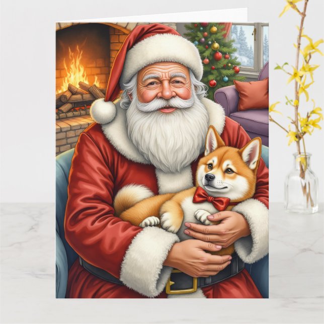 Santa Claus Holding Akita Christmas Art Card (Yellow Flower)