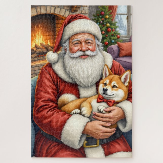 Santa Claus Holding Akita Christmas Art Jigsaw Puzzle (Vertical)
