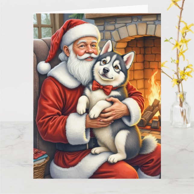 Santa Claus Holding Alaskan Malamute Christmas Art Card (Yellow Flower)